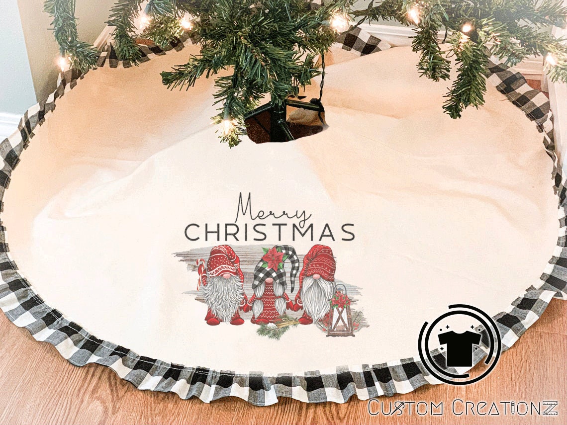 Gnomes Christmas Holiday plaid ruffle Burlap tree skirt - 48 inches
