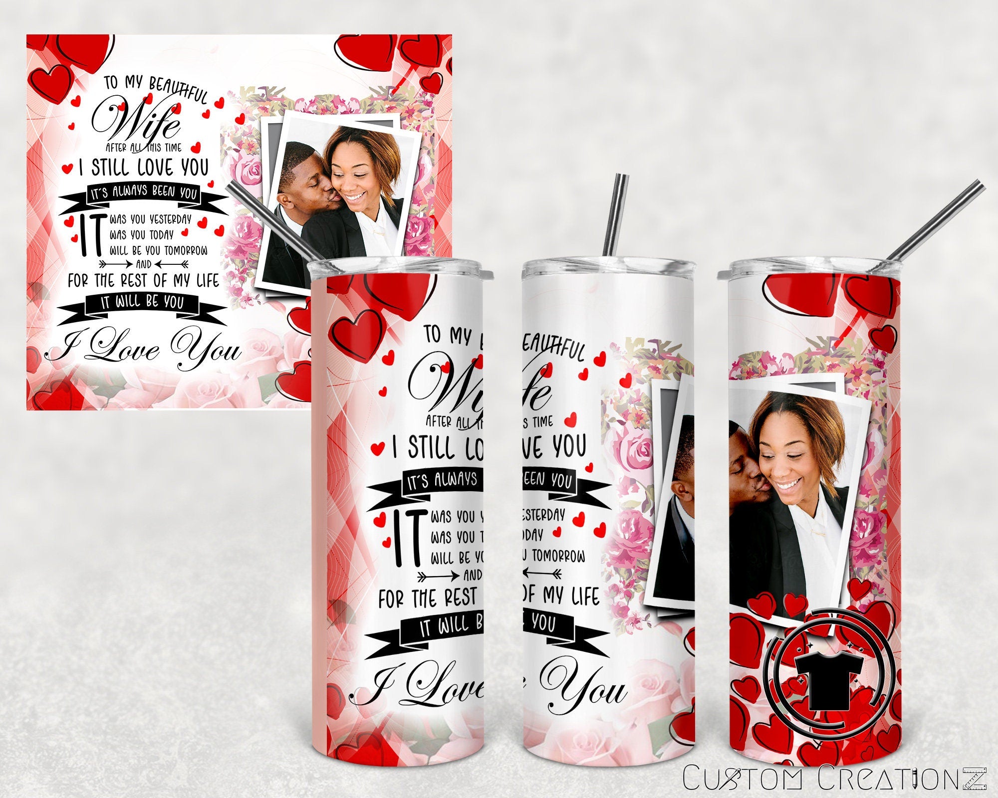 Stainless Steel 20oz. Tumbler with metal straw.- I LOVE MY wife husband - valentine's day - anniversary - Birthday gift - Mother's Day