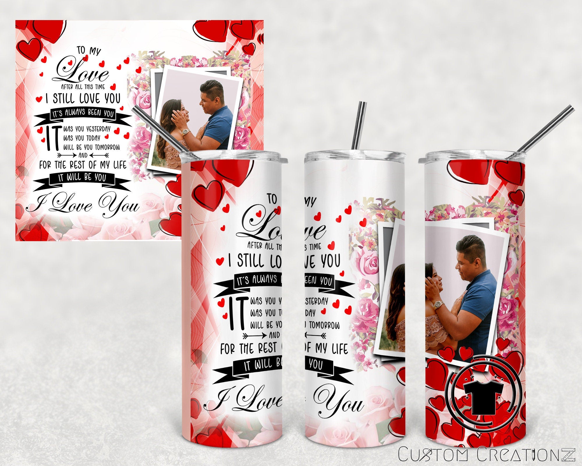 Stainless Steel 20oz. Tumbler with metal straw.- I LOVE MY wife husband - valentine's day - anniversary - Birthday gift - Mother's Day