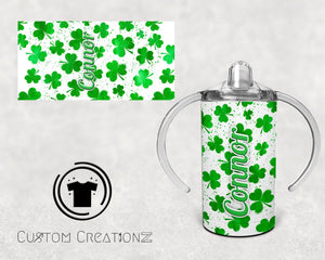 Custom- personalized Trainer Stainless steel 12oz. sippy cups- St. Patrick's Day - lucky charm - lucky girl - lucky boy