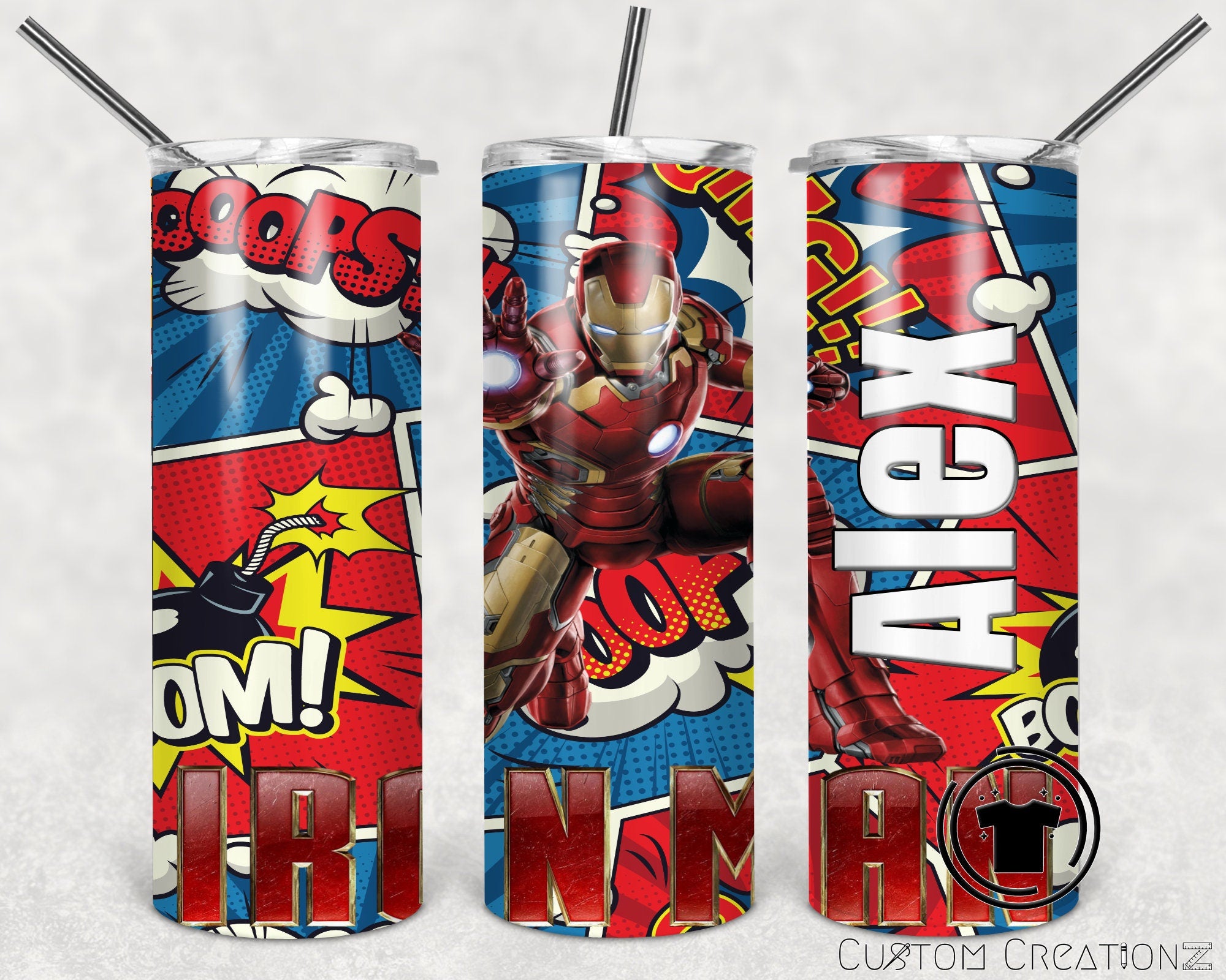 Personalized Stainless Steel 20oz. Tumbler with metal straw. - Kids - adults - comic book - fan - Iron